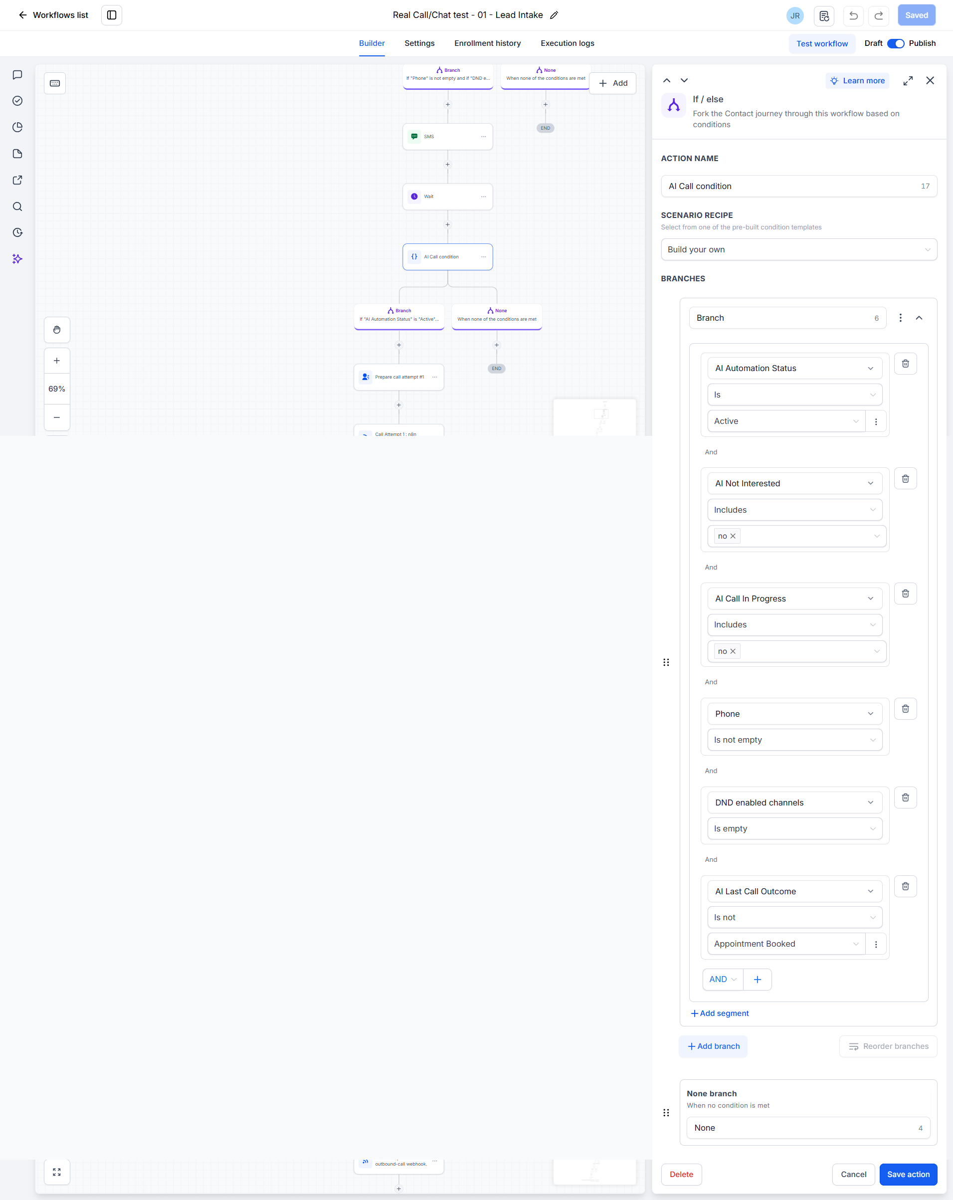 GoHighLevel AI-call eligibility conditions for lead-intake orchestration
