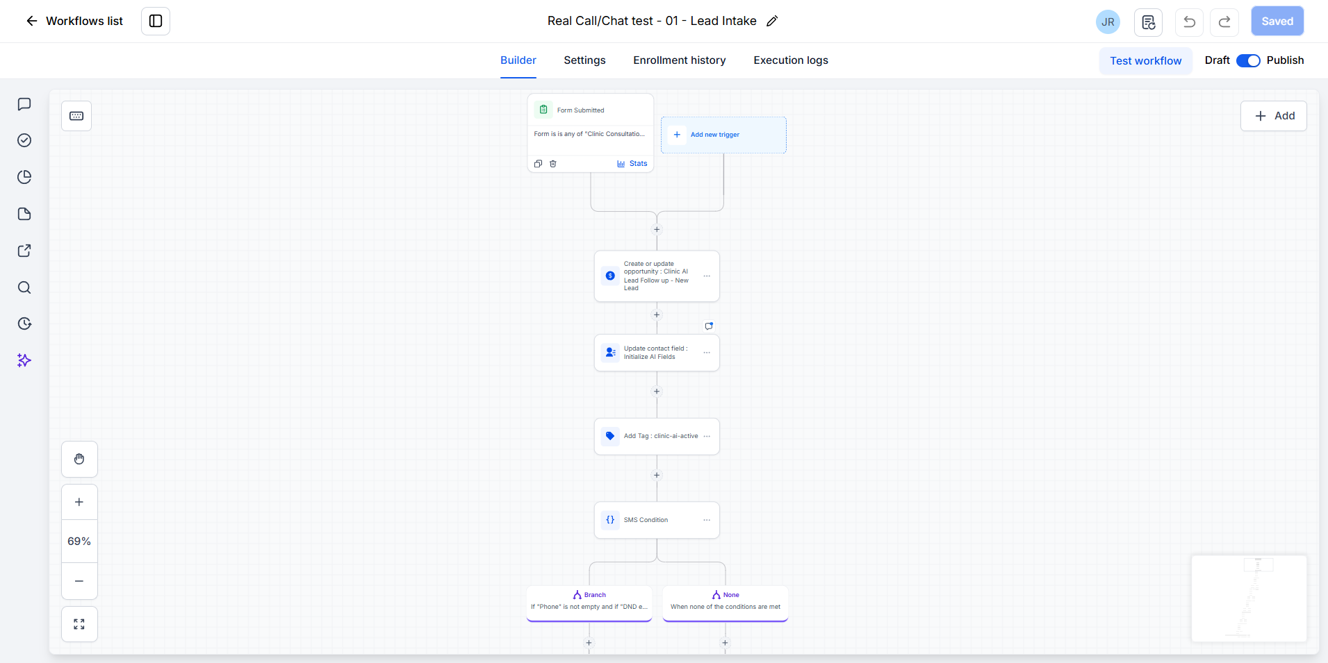 GoHighLevel lead-intake trigger, opportunity creation, AI-field initialization and SMS condition