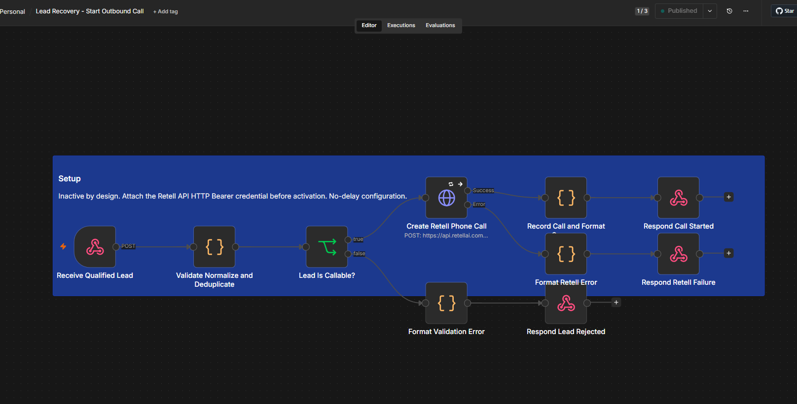 n8n workflow for validating qualified leads and starting a Retell AI outbound call