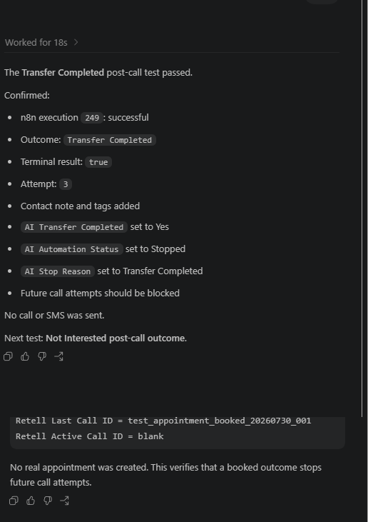 Transfer-completed post-call test passed